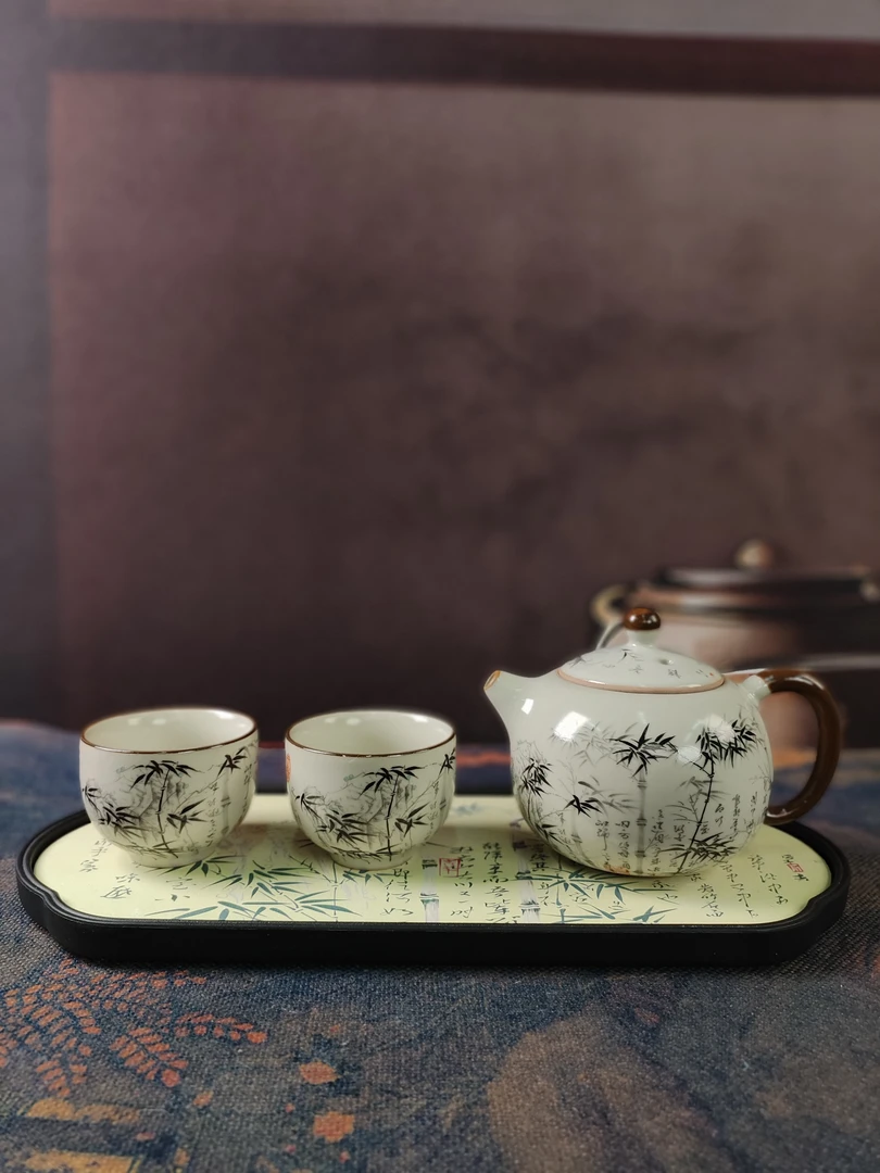 ZH1861-汝窑墨竹茶壶+两个汝窑墨竹客杯+墨竹国风吸水茶盘
