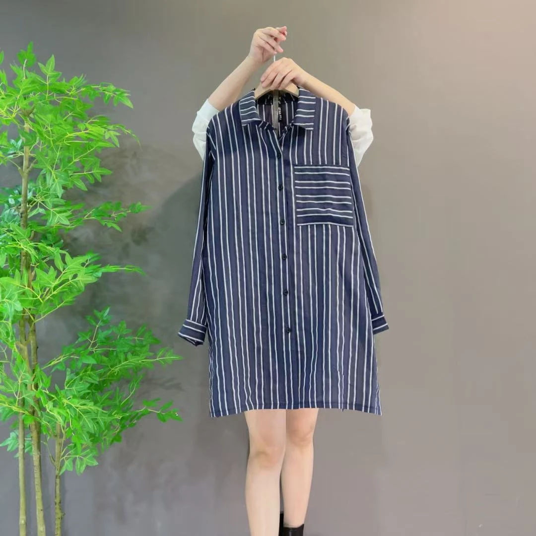 1681春季新款港风复古条纹衬衫POLO领长袖显瘦中长款宽松大码