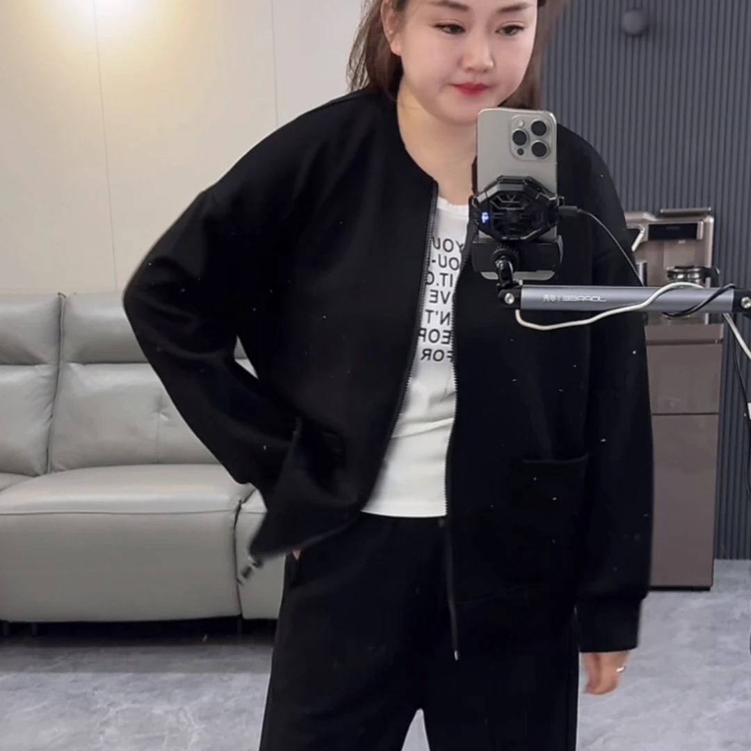 欧货重工烫钻亮闪闪高级感卫衣外套女大码拉链圆领宽松遮肉上衣