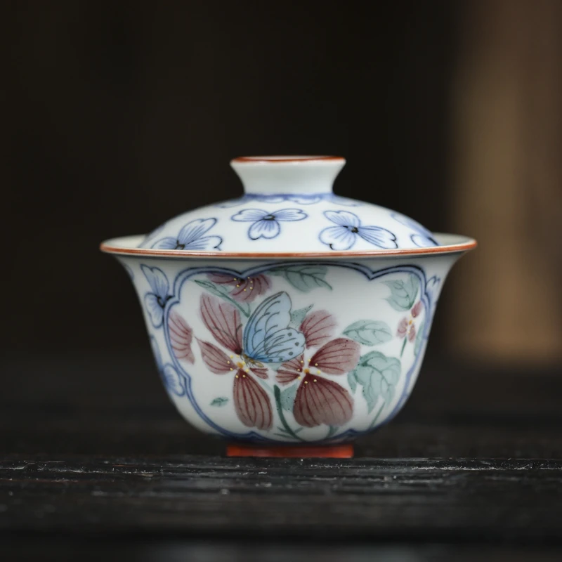 【悦生活】开窗斗彩须-墨冉-葵花撇口盖碗(110ml)（新墨冉0355）