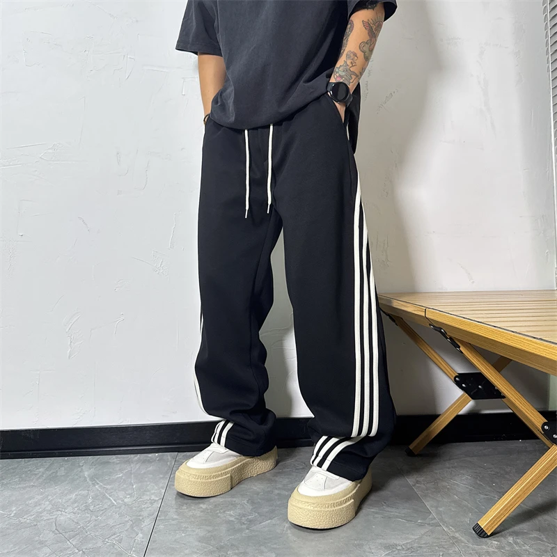 直筒长裤宽松休闲秋冬季百搭垂感条纹高街美式抽绳潮流卫裤阔腿裤