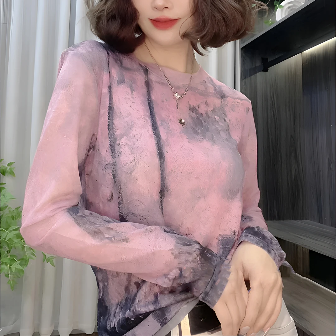 【粉黛 】气质时尚休闲潮流设计透气网纱印花长袖百搭T恤上衣女1749