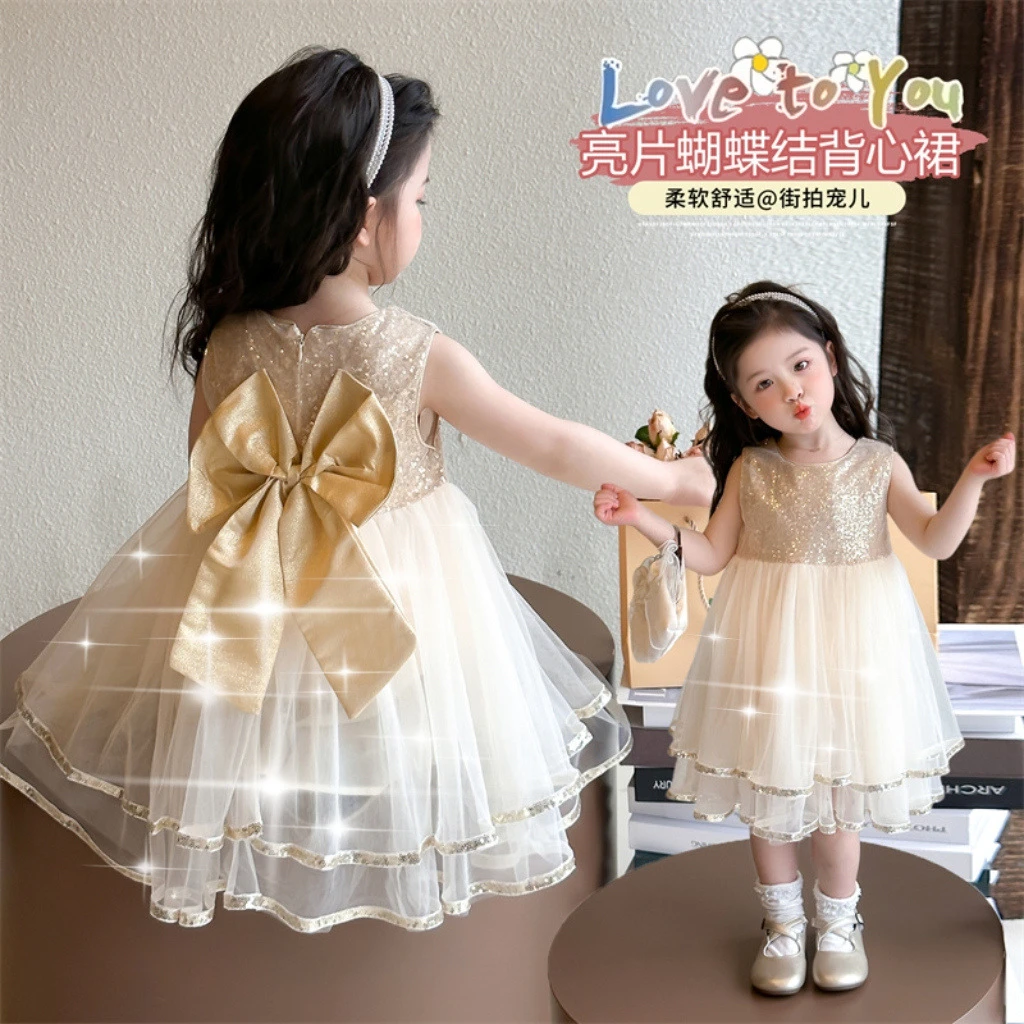 女童蝴蝶结公主纱裙夏季2025新款洋气女宝宝甜美演出服装连衣裙子