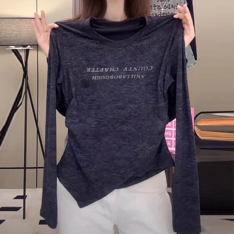 2025早秋季新款不规则下摆长袖T恤女设计感小众修身显瘦百搭上衣