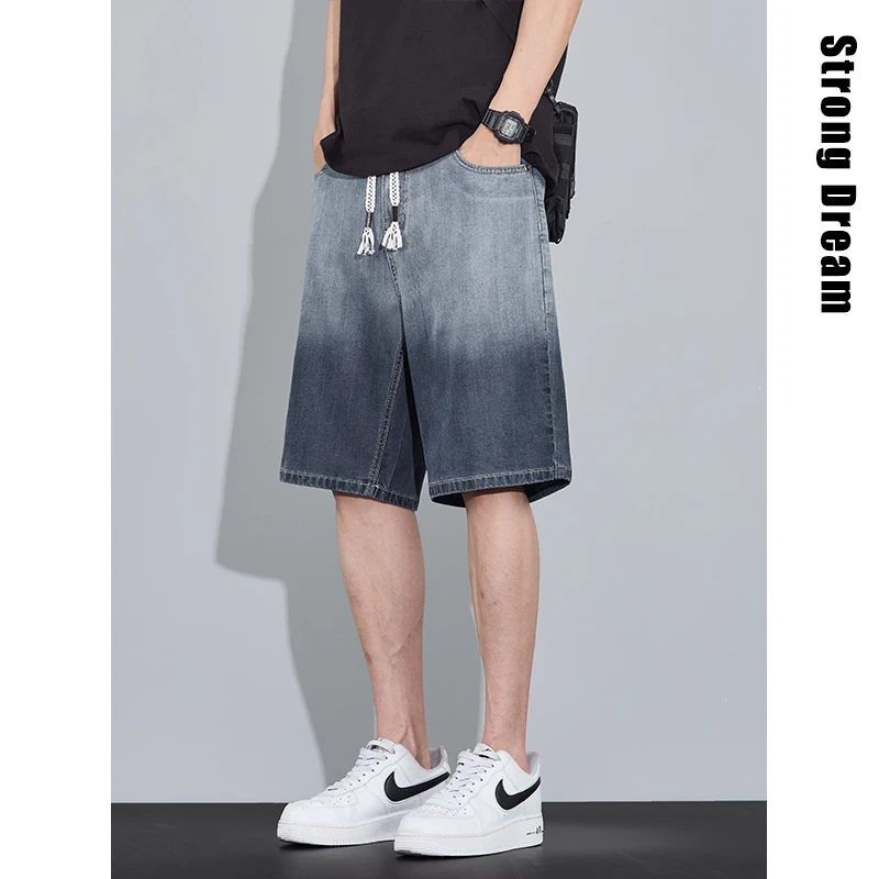 夏季薄款天丝牛仔短裤男士2025新款美式渐变高街宽松直筒休闲短裤