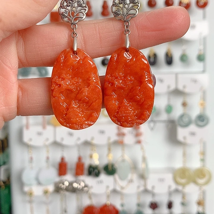 翡翠耳饰银S925镶嵌翡翠