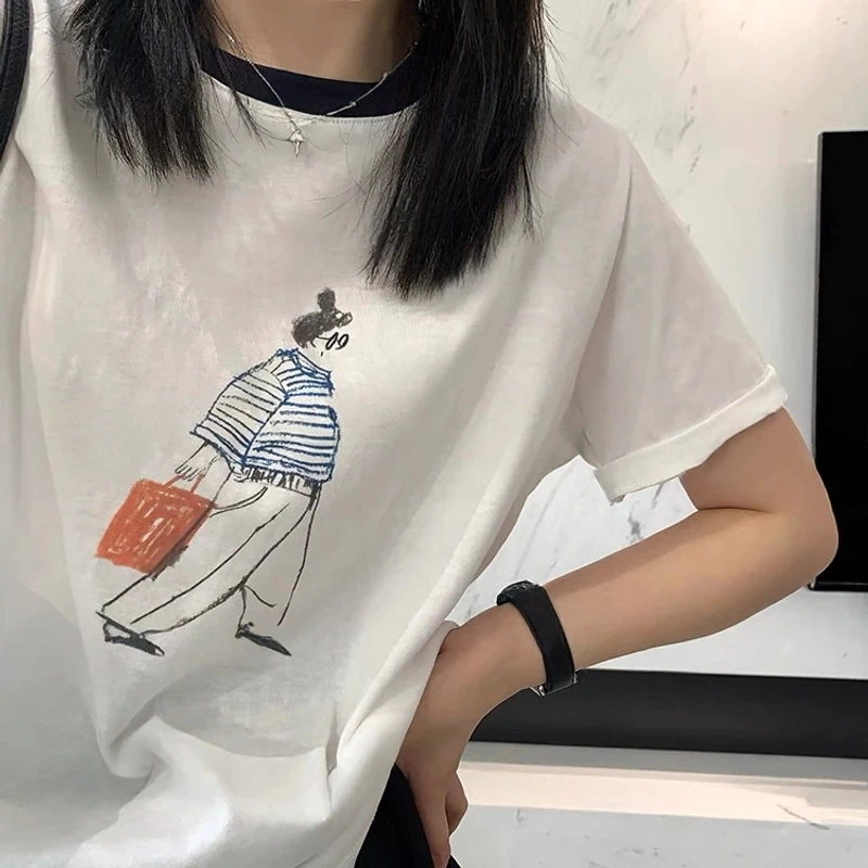 冰凉圆领轻薄雪花棉短袖女士T恤韩系正肩百搭休闲卡通印花上衣