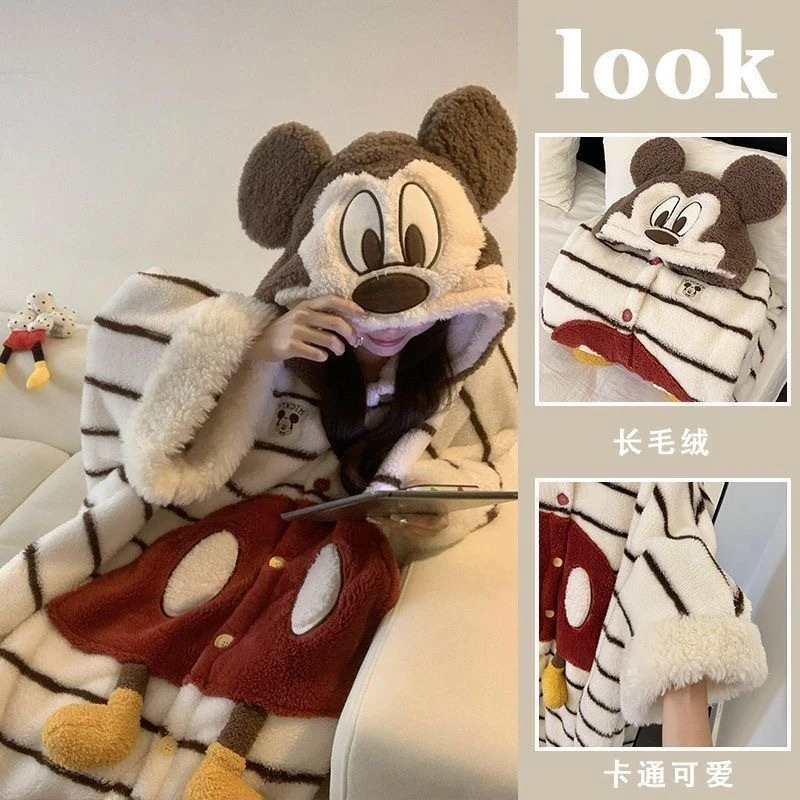 卡通米奇斗篷睡衣秋冬季珊瑚绒连帽睡袍加绒加厚保暖家居服可外