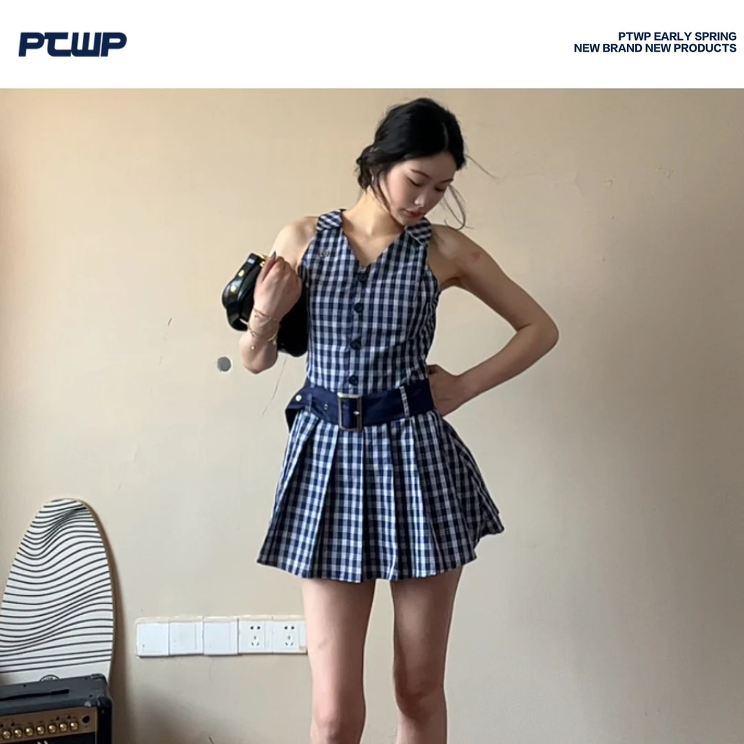 PTWP 2025年夏季新款深蓝色格子连衣裙