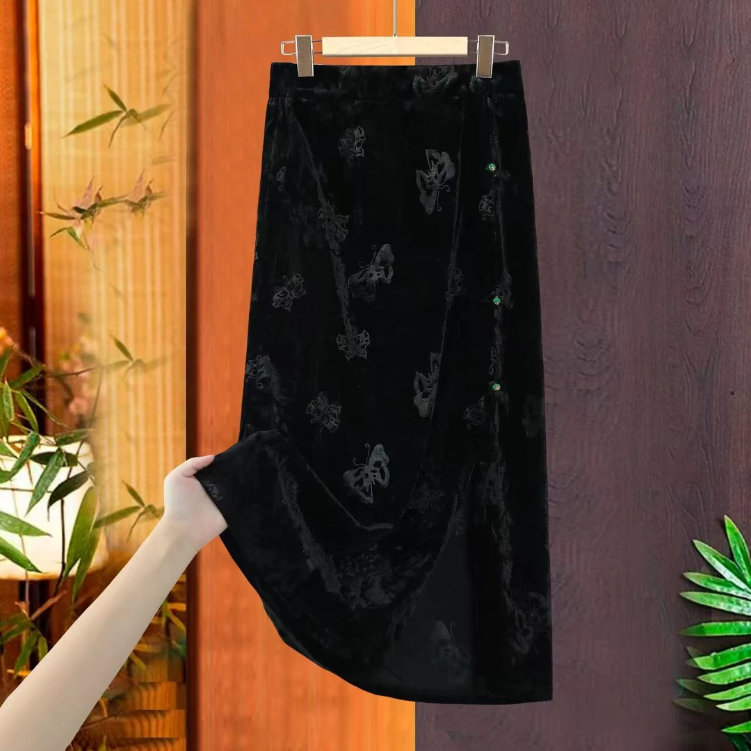 中式【江南】丝绒半身裙春款松紧腰A字裙中长款裙子国百搭复古女装.