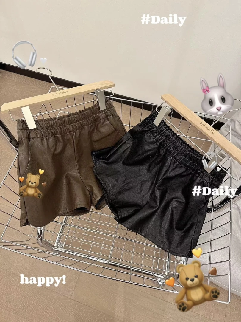 小个子百搭皮短裤 高腰短裤宽松百搭A字短裤秋冬韩版皮裤