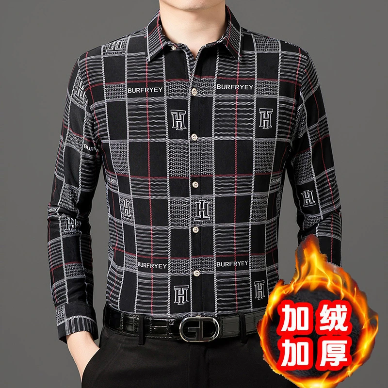 加绒加厚男士长袖格子衬衫冬季中老年商务休闲保暖打底衫时尚男装