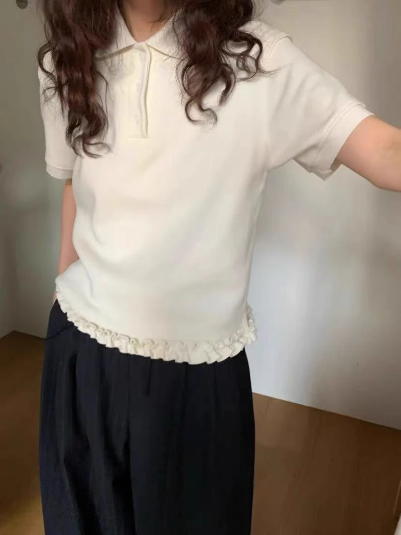 现OURS韩国东大门代购女2025夏半系扣POLO领木耳边短袖NO退货