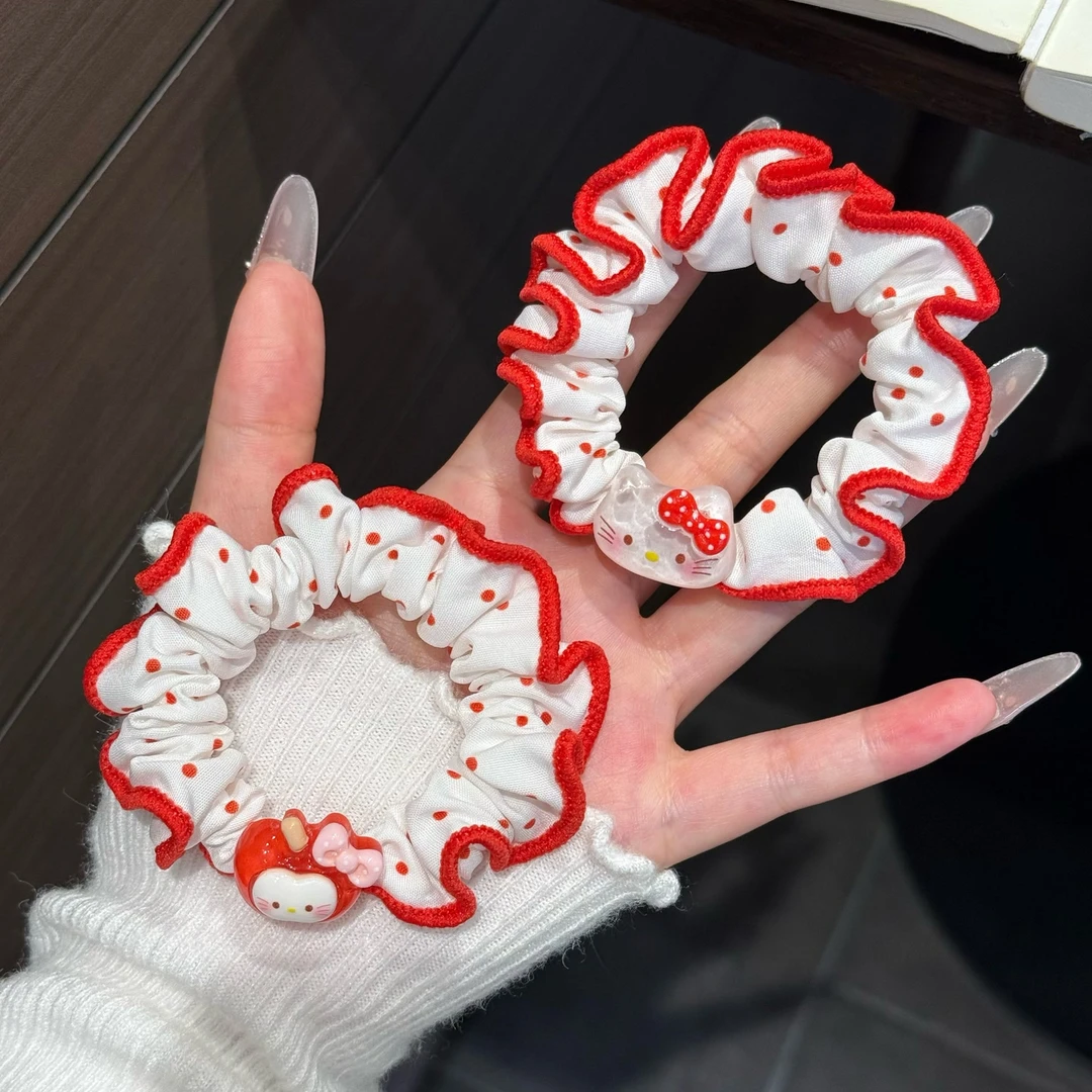 甜美kt猫红色波点花边发圈大肠圈高弹力头绳日系可爱ins风发饰