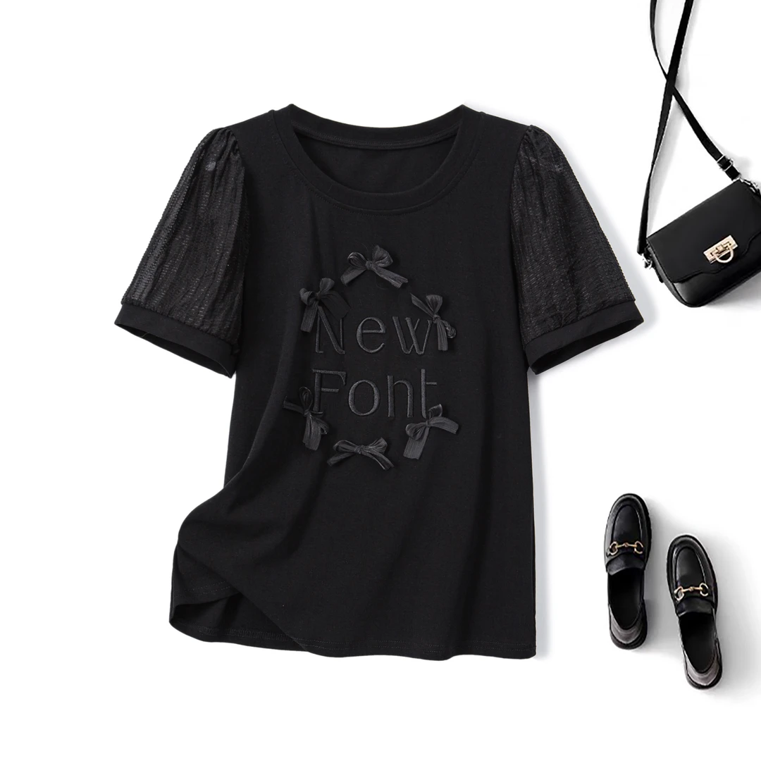 【小云总】清大码夏胖mm设计感蝴蝶结正肩短袖T恤拼接蕾丝上衣64539