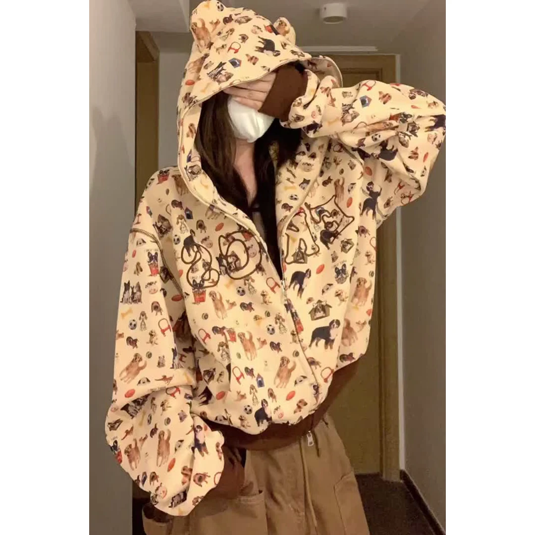 美式复古宽松短款狗狗满印慵懒风连帽开衫卫衣女秋季长袖外套上衣