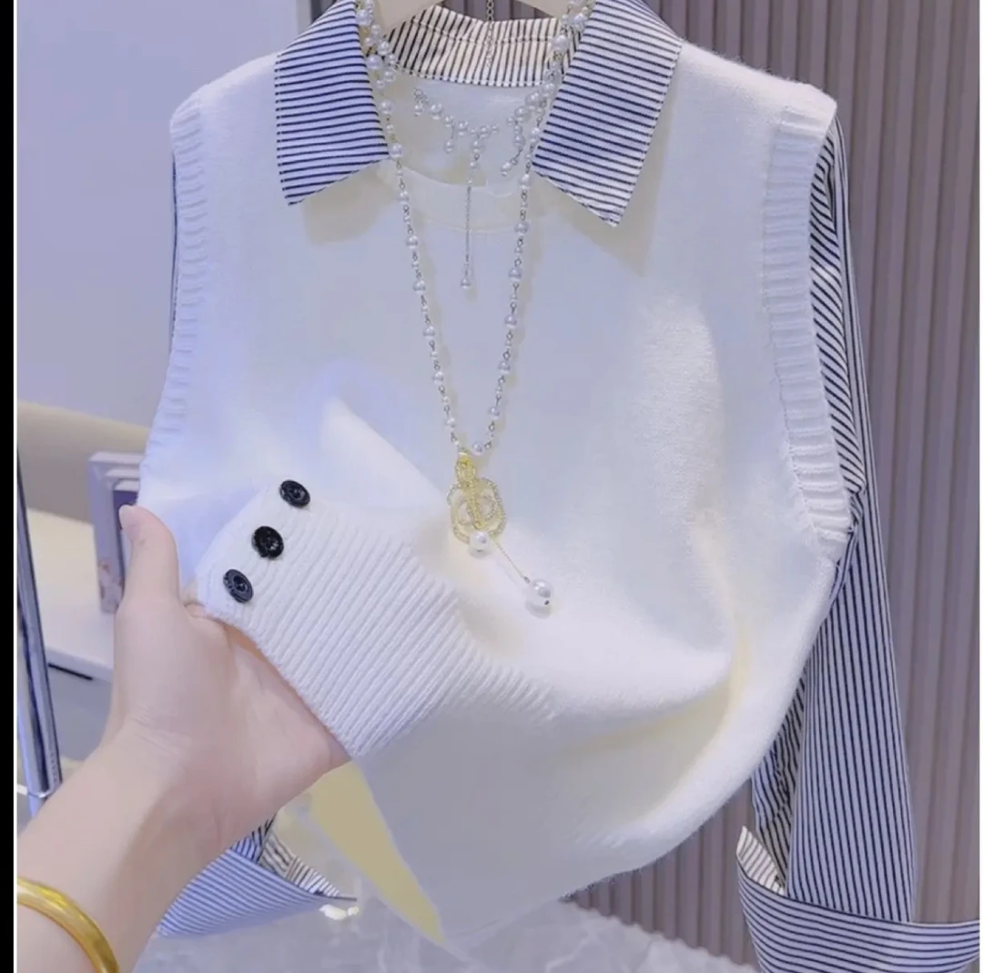 63新款假两件拼接条纹下摆开扣针织衫上衣女简约气质毛衣打底衫