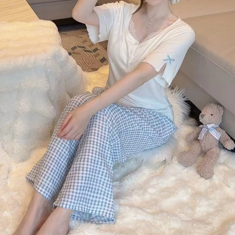 夏季蓝蝴蝶结短袖带杯垫三件套格子睡衣绵柔透气亲肤女套装2216