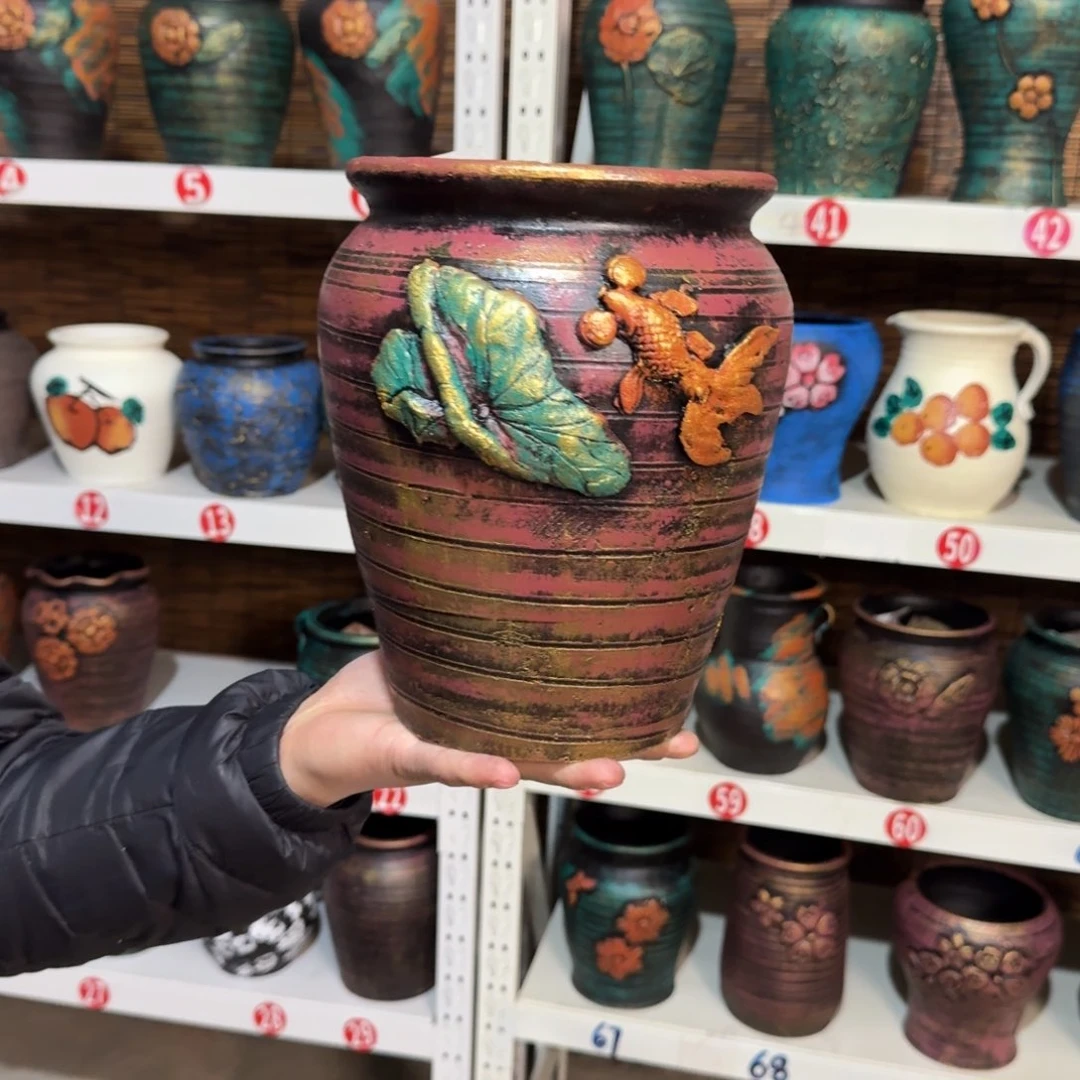 红陶红陶浮雕花盆炸炸炸