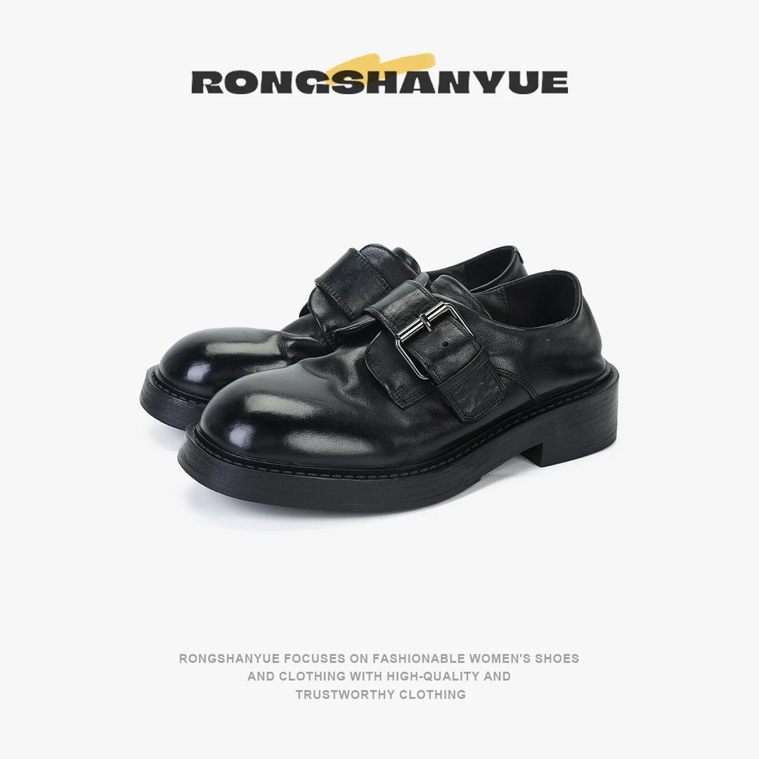 Rongshanyue复古极简一字扣牛皮做旧乐福鞋厚底一脚蹬小皮鞋B1092