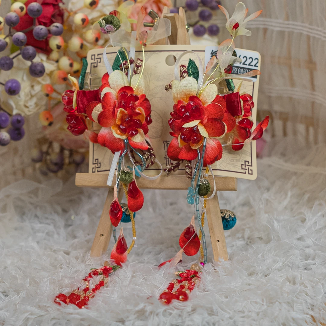 饰阿梁4222 红榴丹若石榴抓夹儿童头饰古风女孩发饰发夹红色敦煌