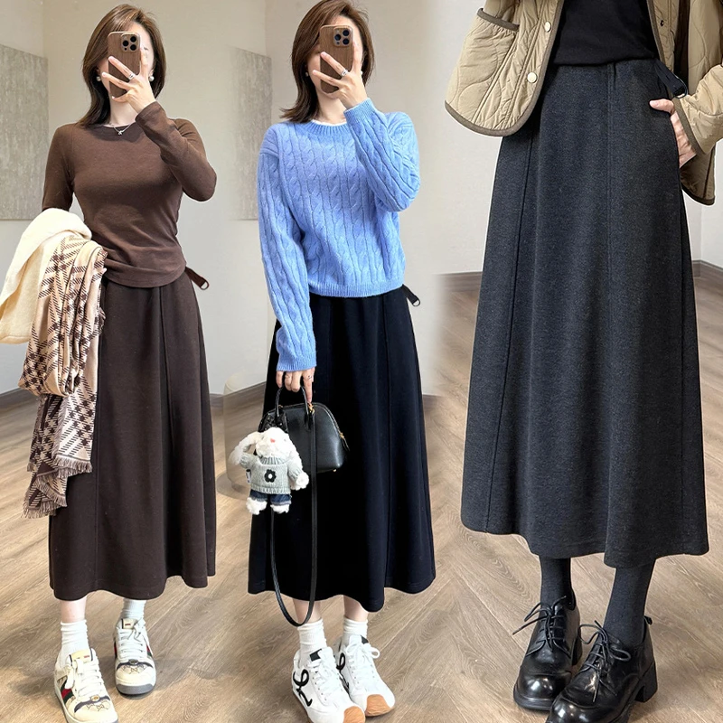 孕妇无托腹醋酸羊毛呢半身裙秋冬季加厚针织显瘦法式垂感A子裙女