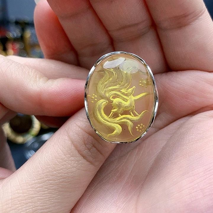 琥珀裸石银S925镶嵌戒指