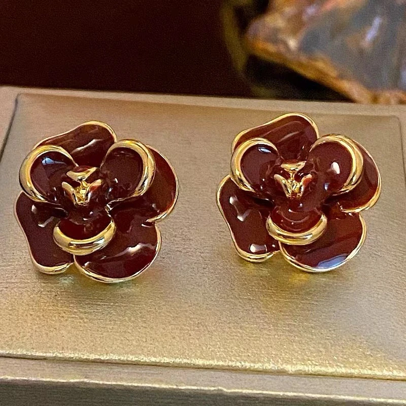 铜合金耳饰 【157】小众简约立体山茶花安可拉红耳钉女气质优雅耳环