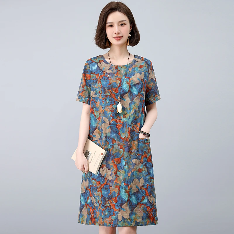 休闲印花连衣裙女夏季2025新款高端中年妈妈宽松减龄直筒中长裙子