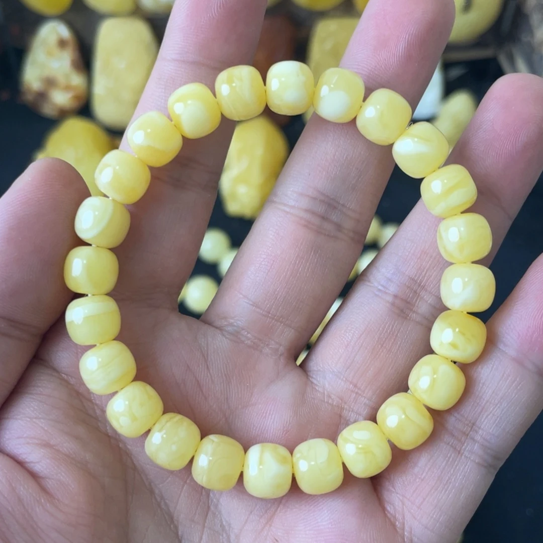 琥珀未镶嵌手串9+俄料浓蜡黄白花精工老型手串
