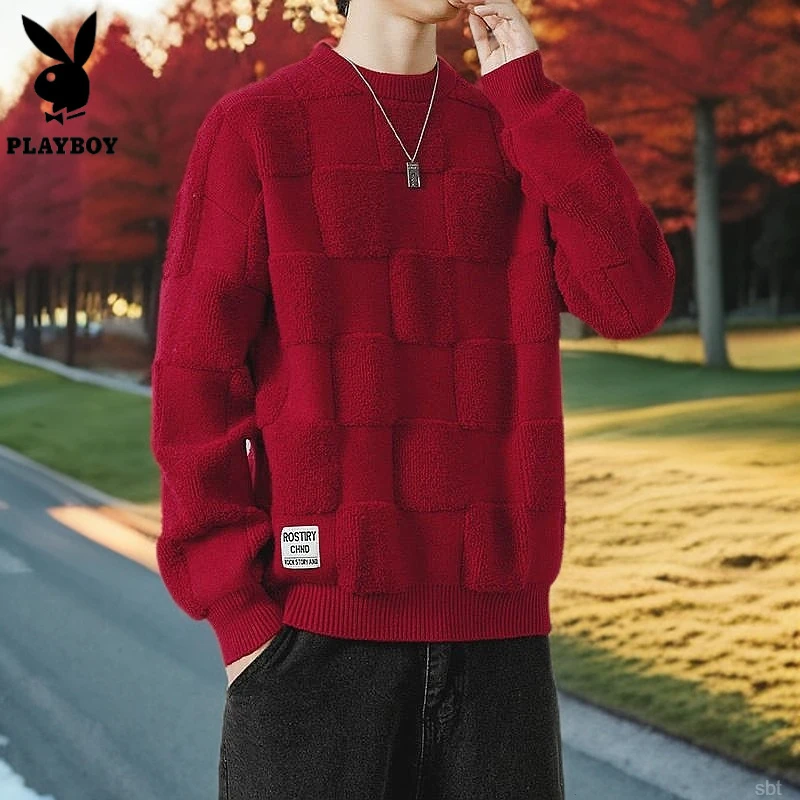 花花公子衣服红色毛衣潮流冬季加厚男士保暖针织衫男帅气休闲