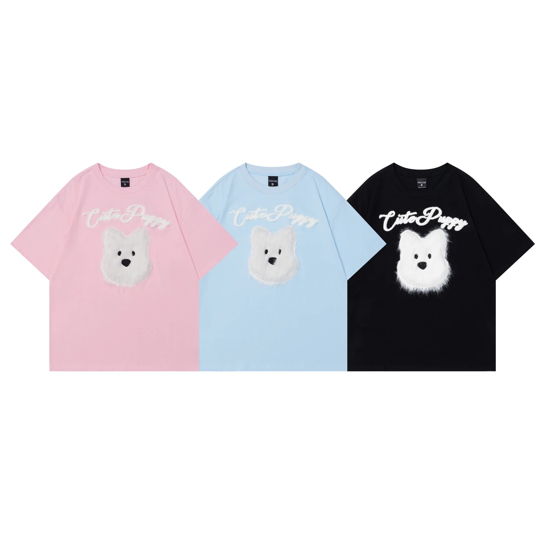 夏季纯棉小狗刺绣美式短袖T恤ins宽松设计感情侣上衣夏季百搭T