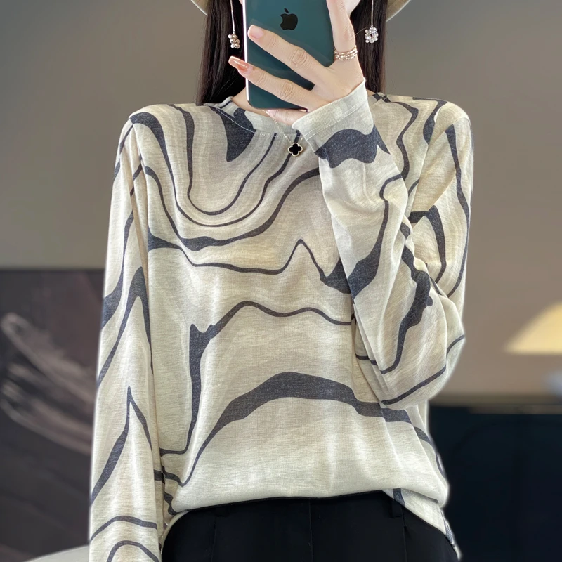 丝羊毛针织薄款圆领女长袖纯色毛针织衫韩版毛衣针织衫时尚慵懒风