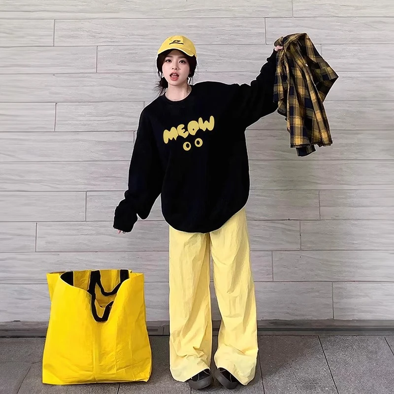 圆领卫衣女2025新款黑色秋冬加绒加厚宽松慵懒风无帽套头长袖上衣