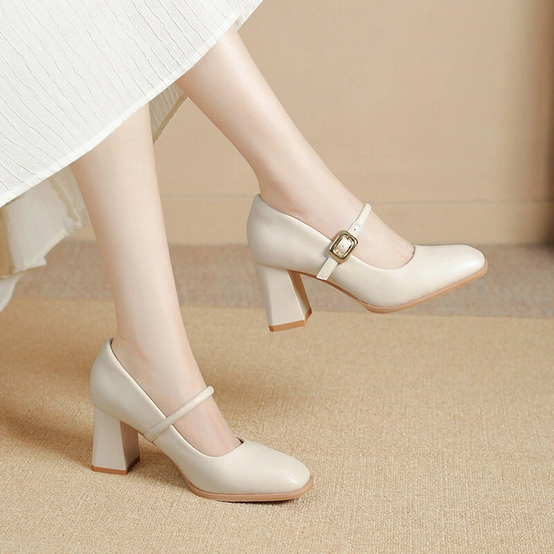 现货小码313233码粗跟7方头一字带扣简约气质通勤鞋软皮女单鞋