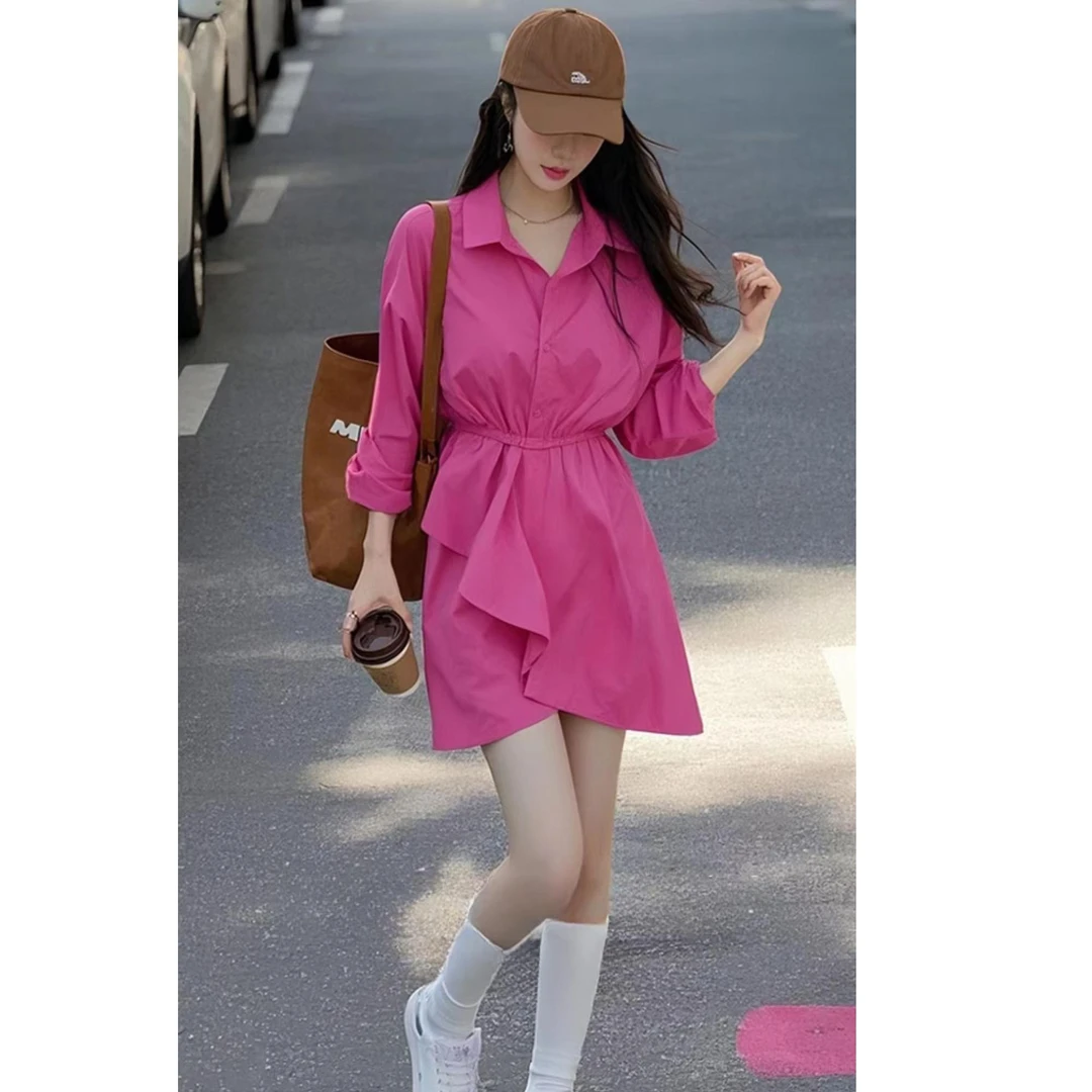 【bing】韩系减龄不规则小众玫红色收腰显瘦衬衫式连衣裙女2025新款