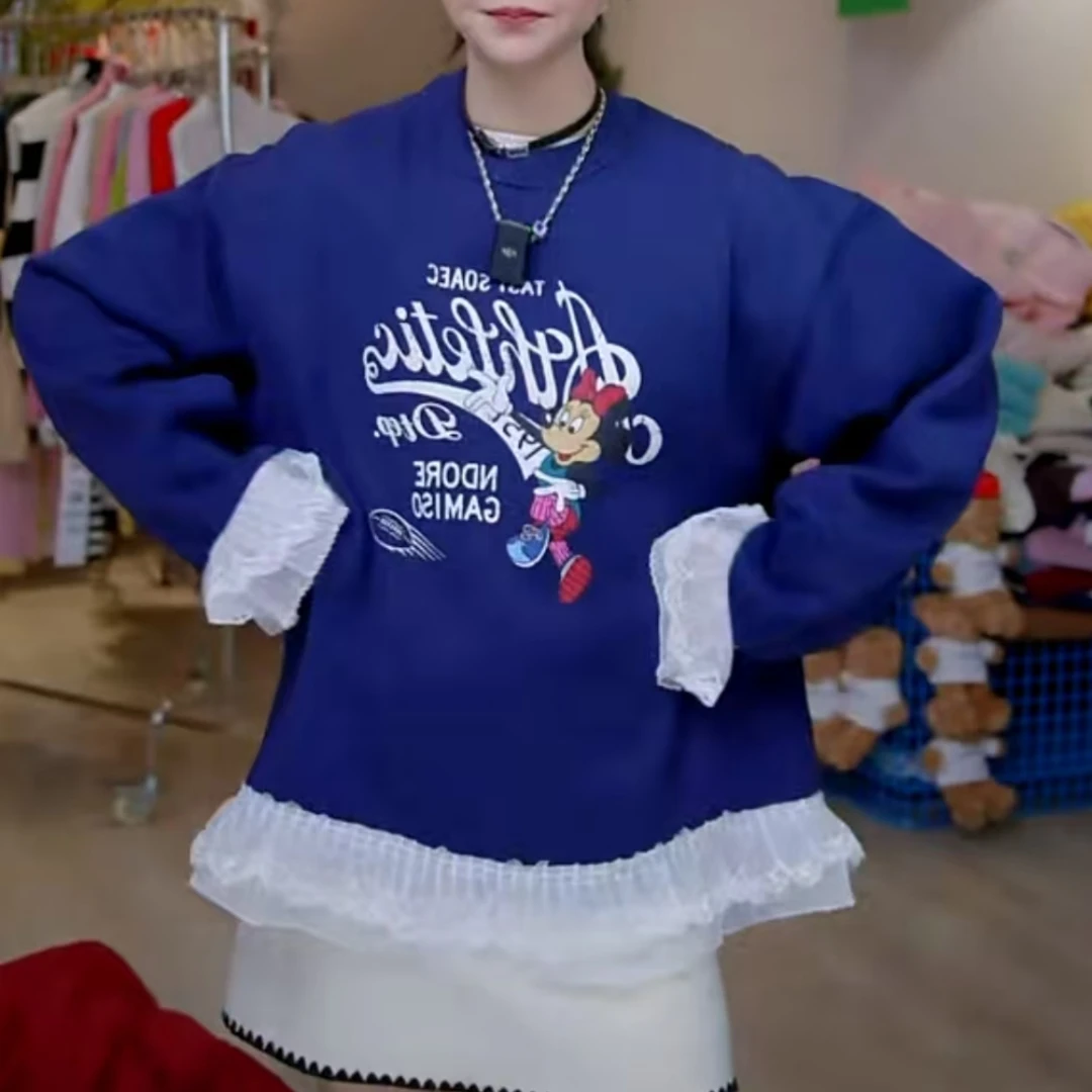 【济州岛】双层蕾丝拼接 米奇藏青色加绒卫衣