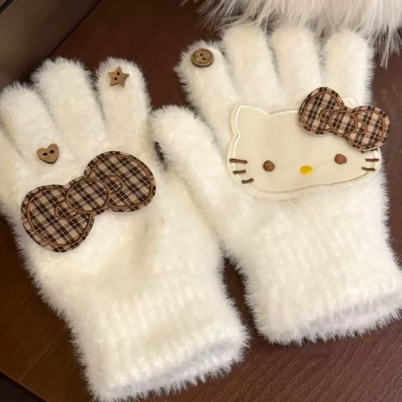 nah日系可爱kitty猫格纹蝴蝶结少女心毛绒手套防寒骑车户外保暖