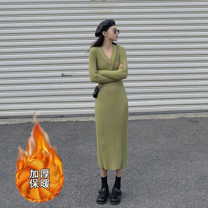 赫本风气质长裙长款过膝搭配大衣打底毛衣针织连衣裙女秋冬高级感