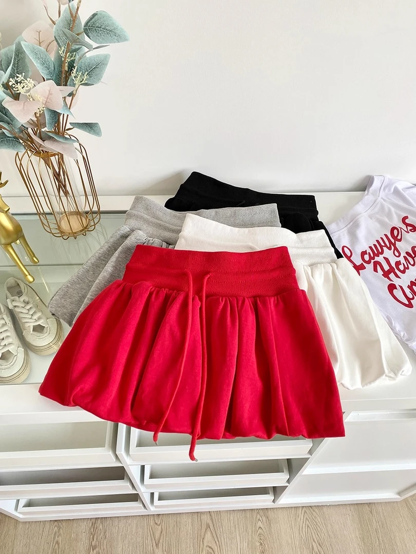 高腰A字半身裙女夏季2025新款美式复古抽绳花苞短裙