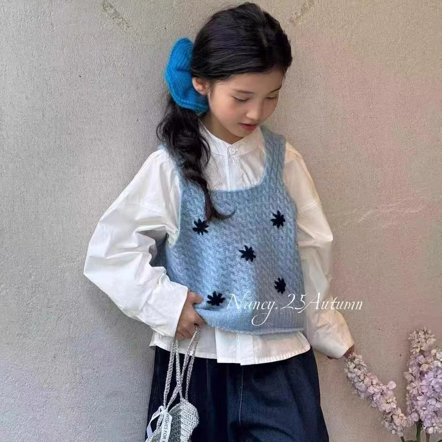 女童儿童秋季纯色休闲风碎花套头秋季女套装衬衫无袖上衣马夹韩版