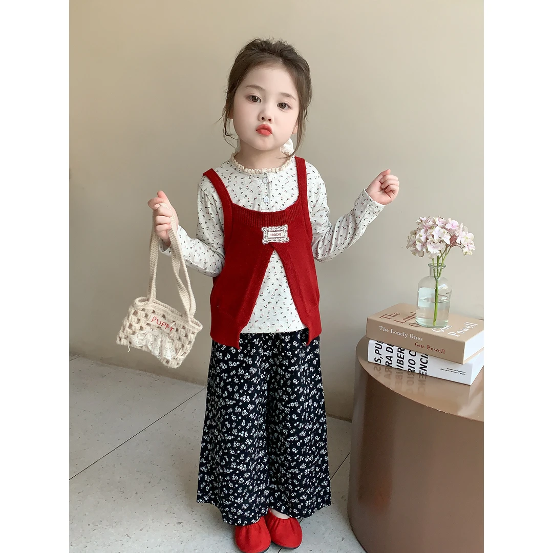 艾雯女童春秋季套装新款洋气儿童超好看针织马甲三件套女宝宝童装