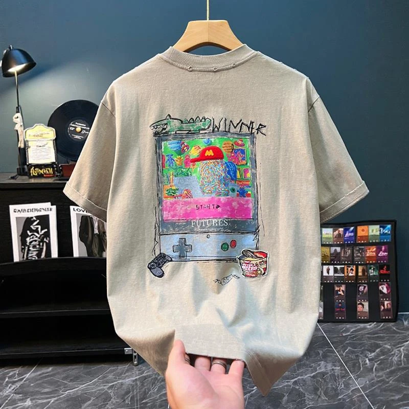 男装原创重磅3卡通涂鸦刺绣短袖恤男夏季新款潮牌时尚百搭体恤上