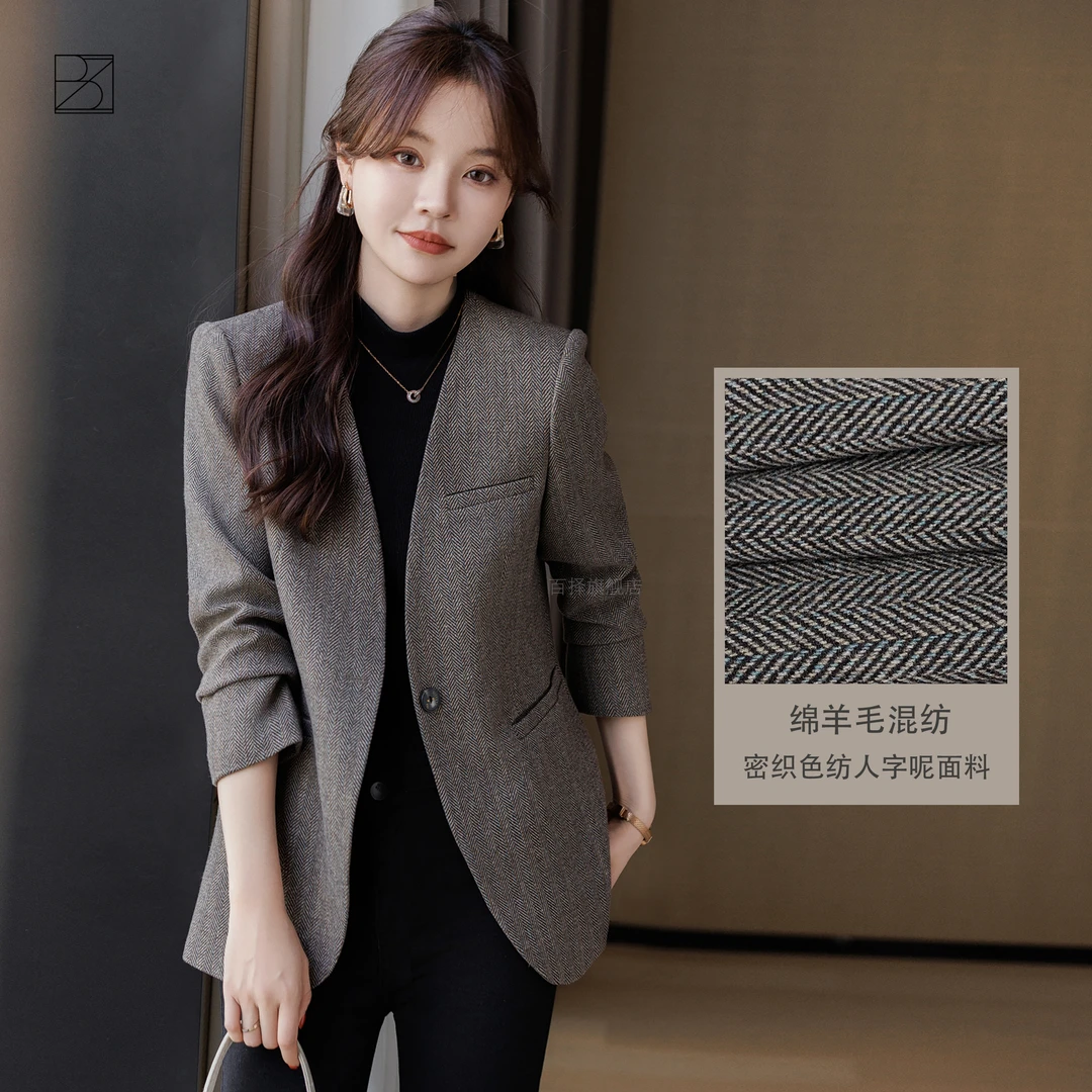 『极简主义』高级感呢子小西装外套女2024春秋时尚气质休闲无领西服