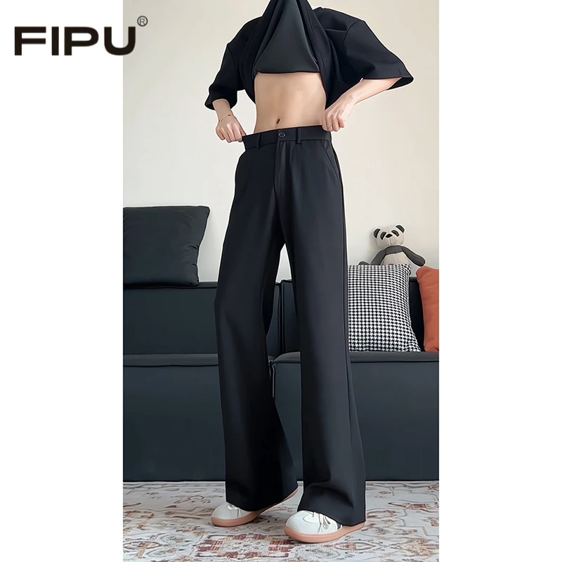 夏季新款cleanfit黑色男士西装裤垂感冰丝西裤直筒显瘦弯刀微喇裤