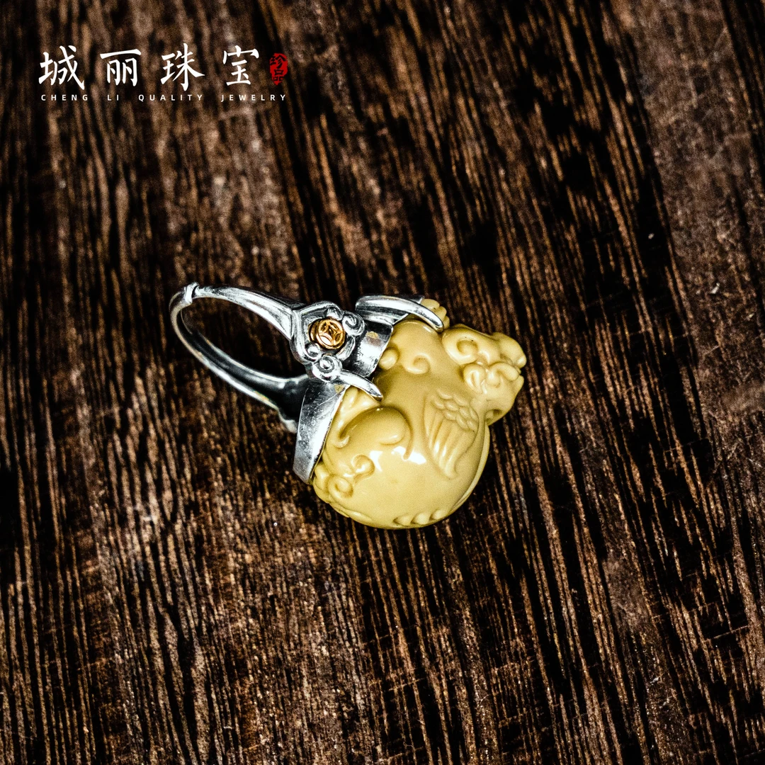 925银皮质戒指 龙玉金福貔貅戒指/个FL-2395-1