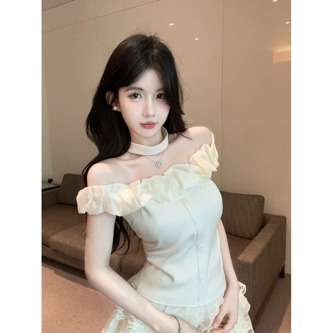 温柔一字肩别致设计感雪纺衫女时尚百搭气质修身显瘦独特外穿上衣