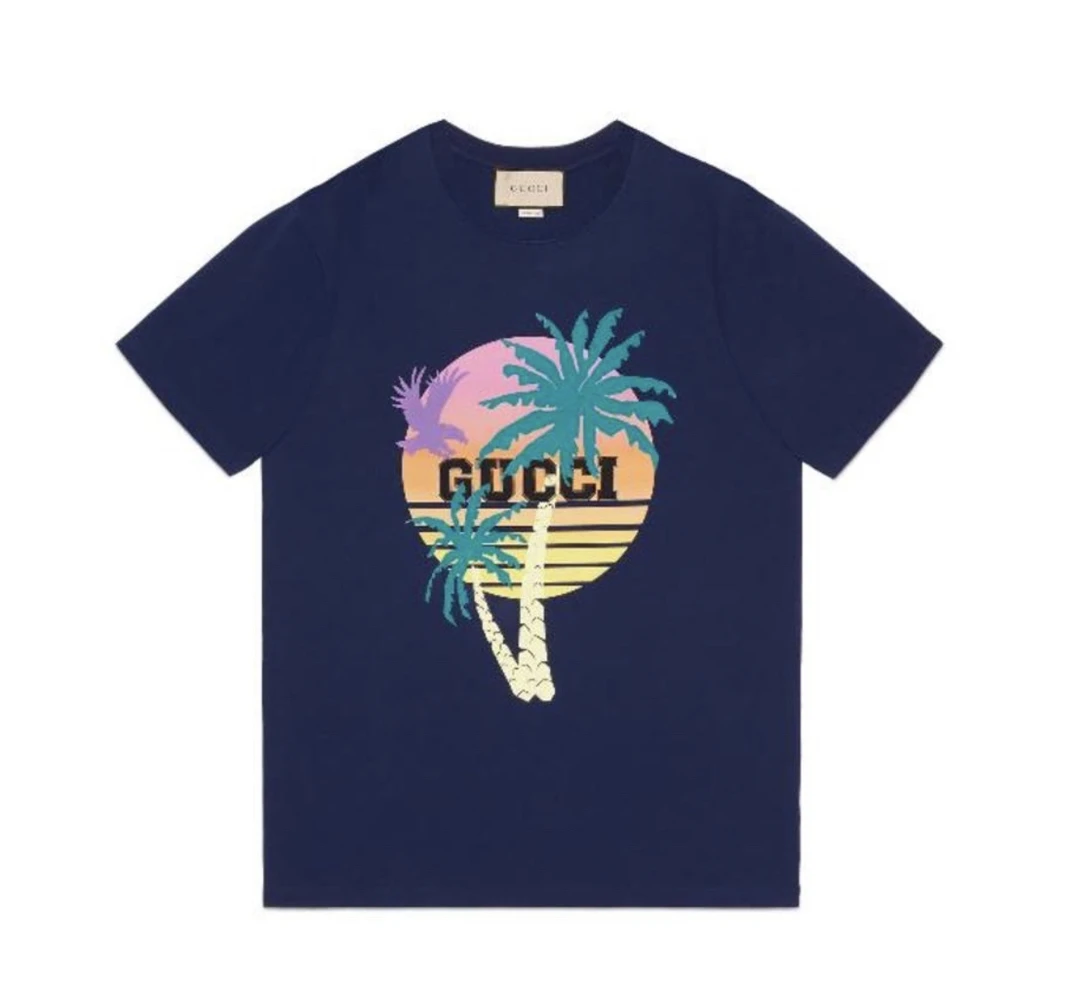 未使用 GUCCI/古驰 蓝色 字母logo 椰树海浪落日老鹰短袖