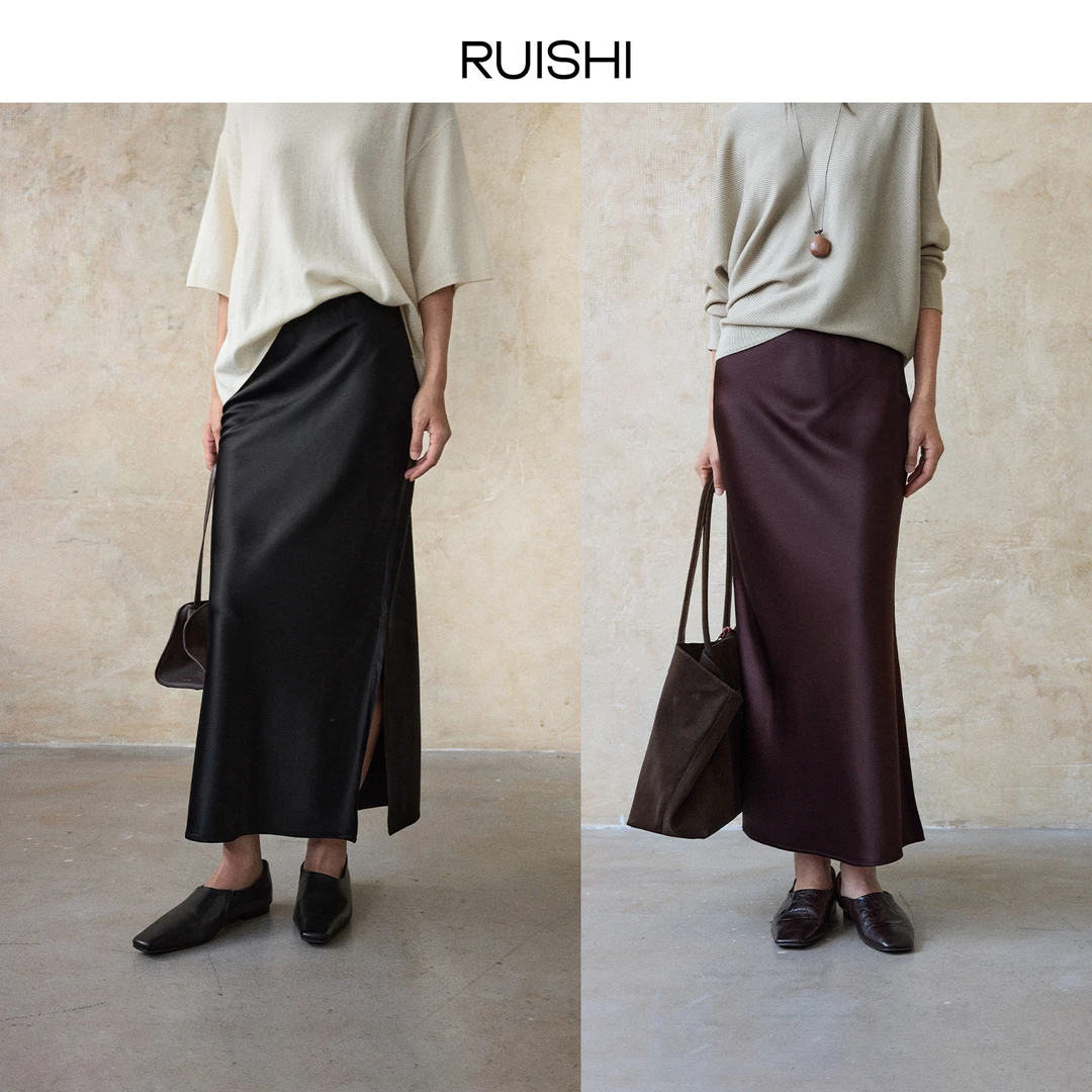 RUISHI芮时琥珀流光重磅醋酸开衩设计直筒半身裙女秋季R25C140807