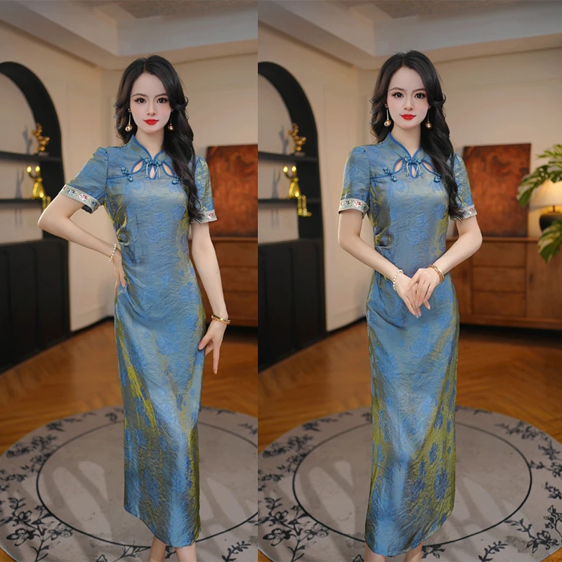 【蓝心语】2025年夏季新款蕾丝拼接旗袍连衣裙气质高端不挑人